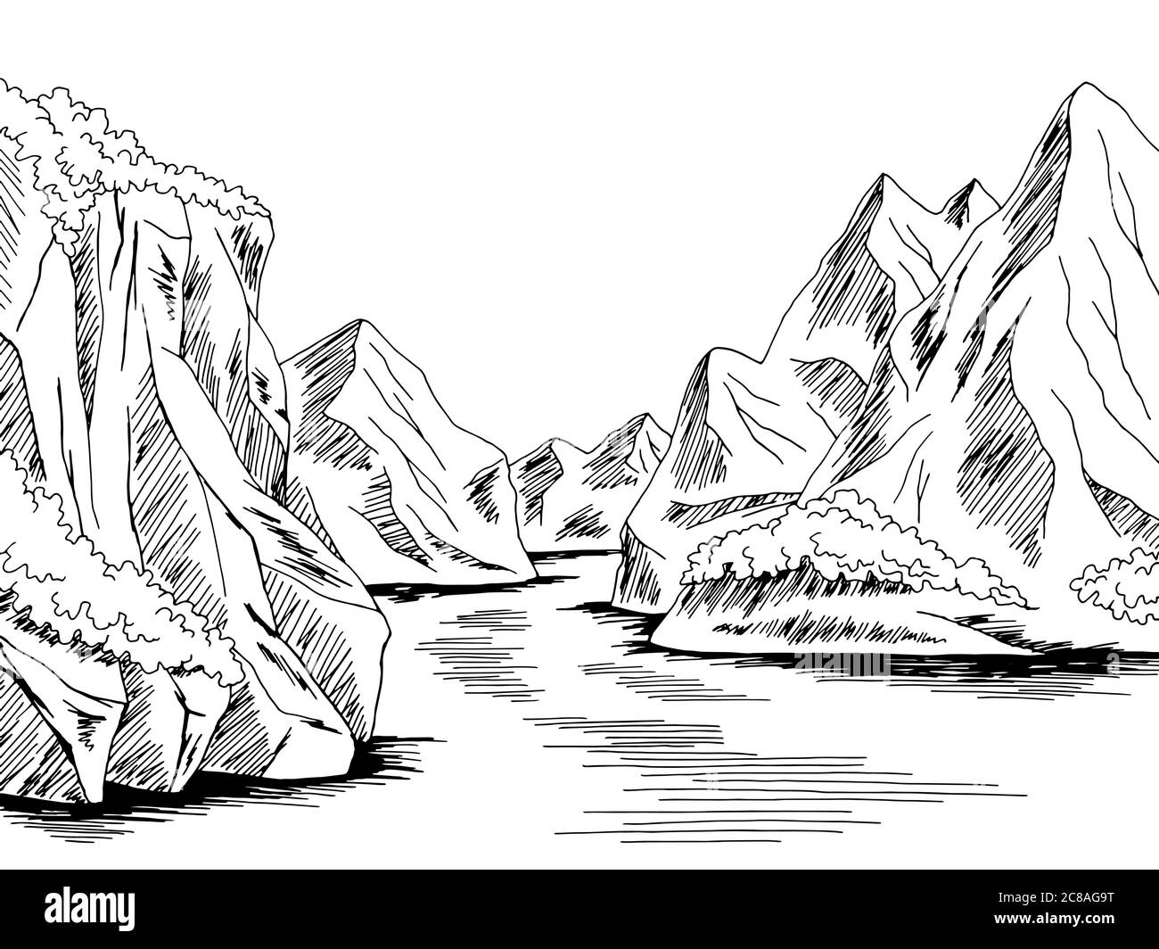 Fjord sea bay graphic black white landscape sketch illustration vector Stock Vector