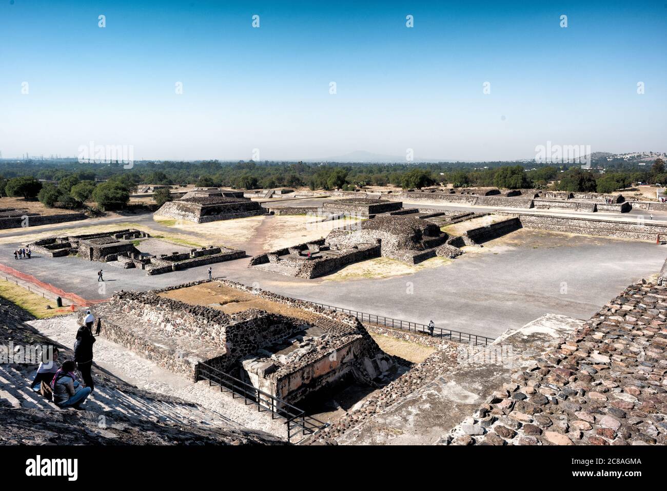 TEOTIHUACAN, Mexico — The ancient Mesoamerican ruins of Teotihuacan, located about 25 miles northeast of Mexico City. This expansive archaeological site features monumental pyramids, plazas, and avenues that showcase the grandeur of one of the largest pre-Columbian cities in the Americas. Stock Photo