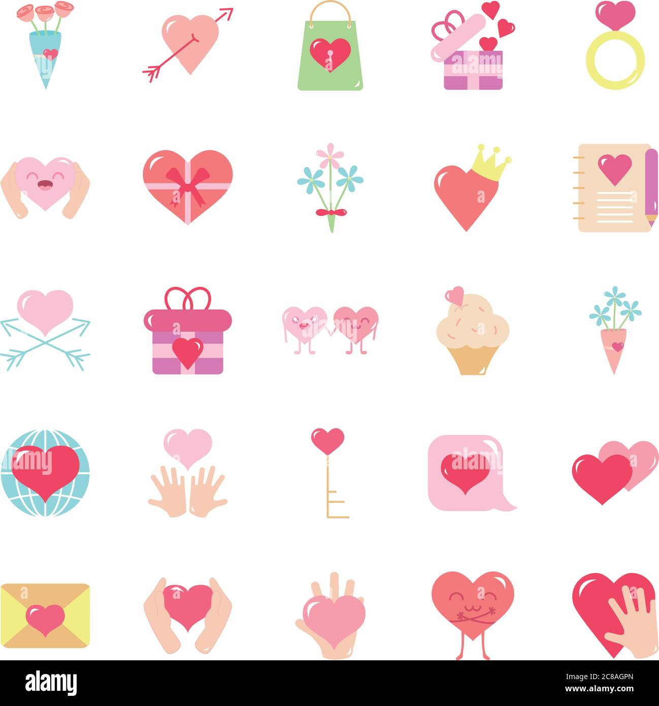 flowers bouquet and hearts icon set over white background, flat style ...