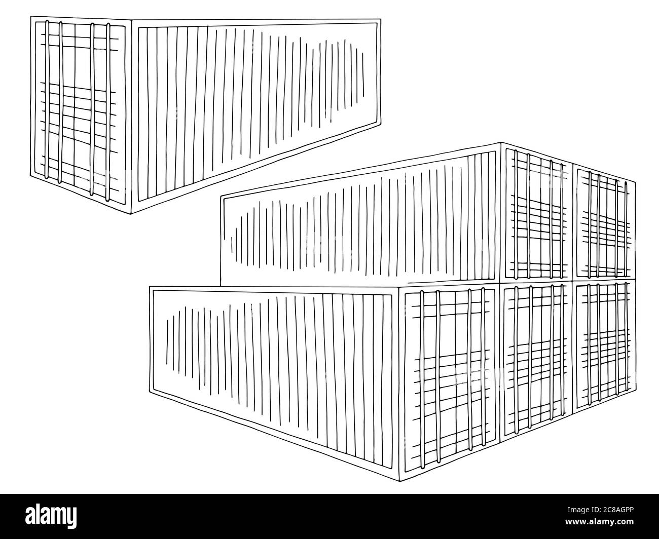 Cargo container graphic black white isolated set sketch illustration vector Stock Vector