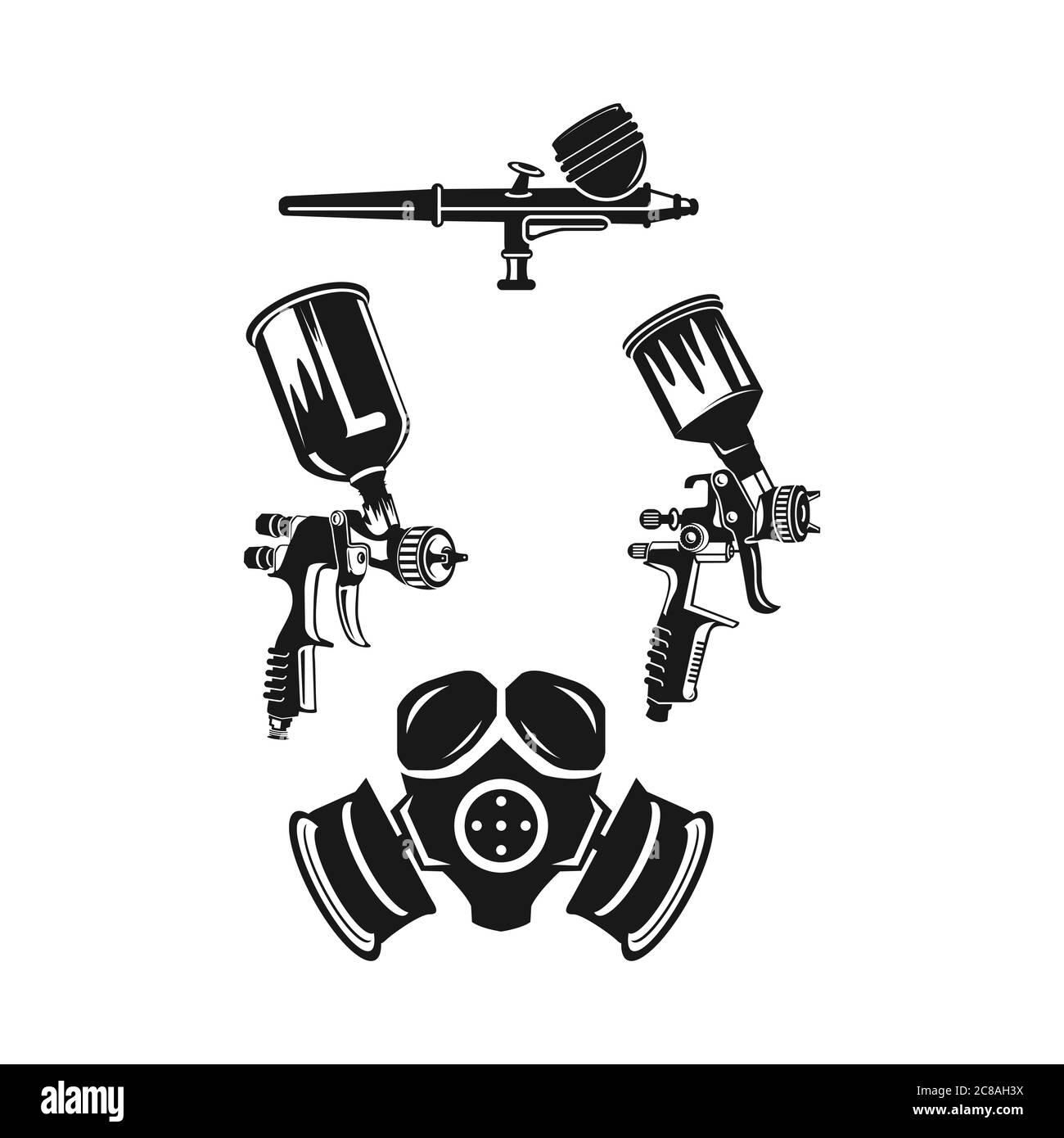 Monochrome illustration of metal spray gun and mask icon set. Isolated on white background.EPS 10 Stock Vector