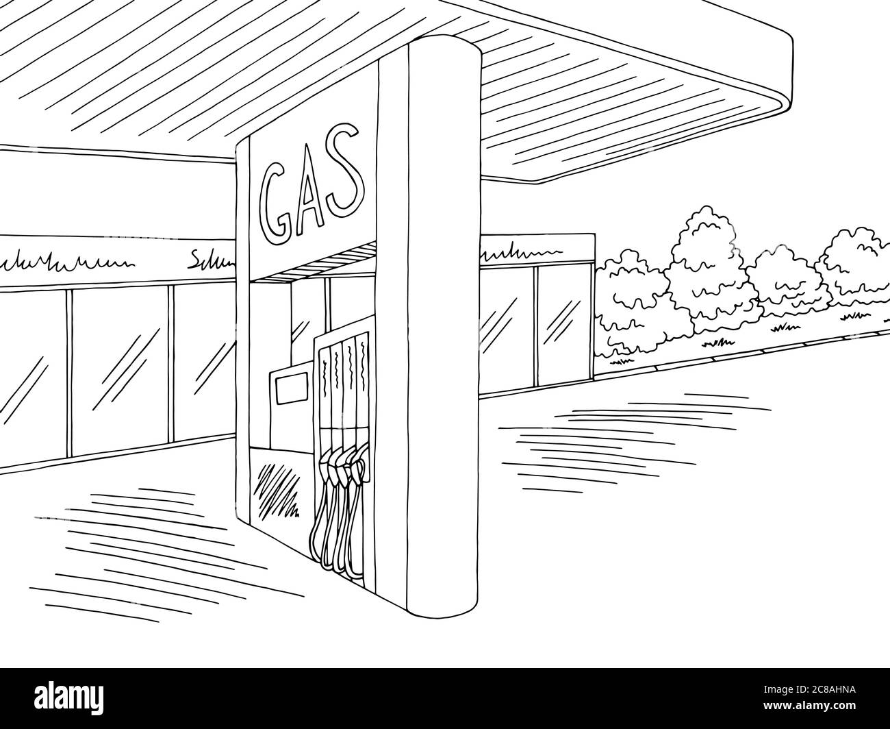 Gas station exterior graphic black white sketch illustration vector Stock Vector