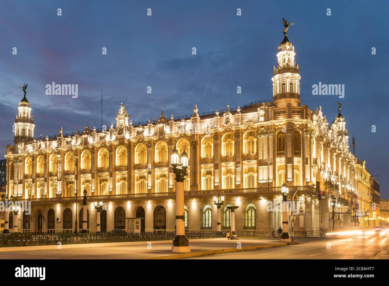 The Great Theater of Havana, home of the Cuban National Ballet, illuminated at sunset Stock Photo
