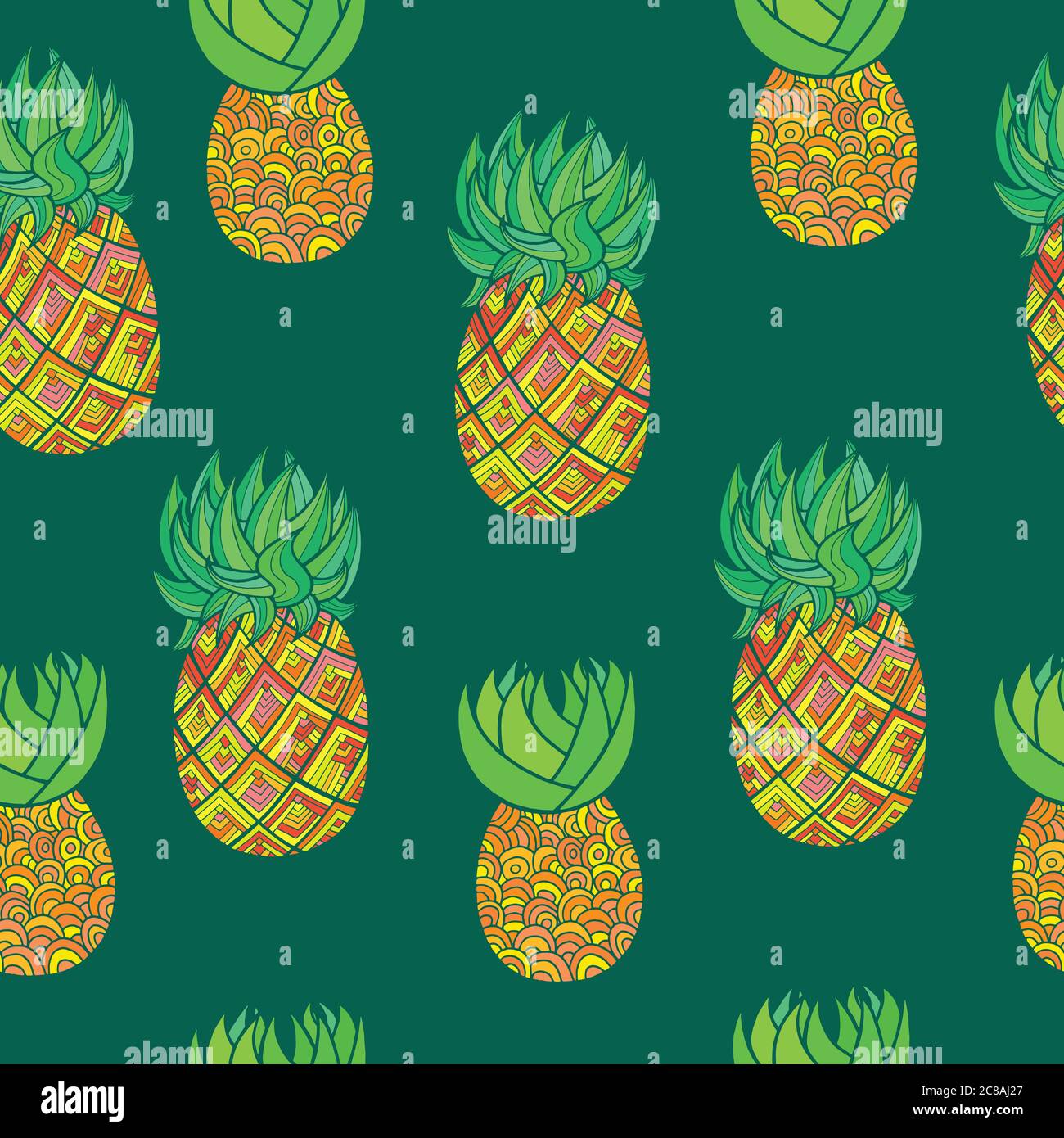 Seamless hand drawn pattern with pineapple on dark green background Stock Vector