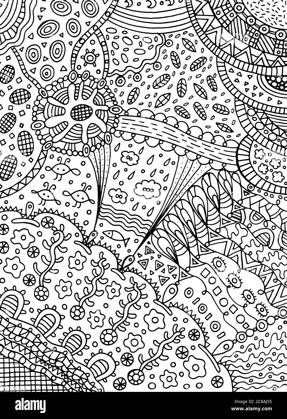 Coloring page in doodle abstract style. Vector art for adult coloring book with nature elements - leaves, clouds, sea Stock Vector