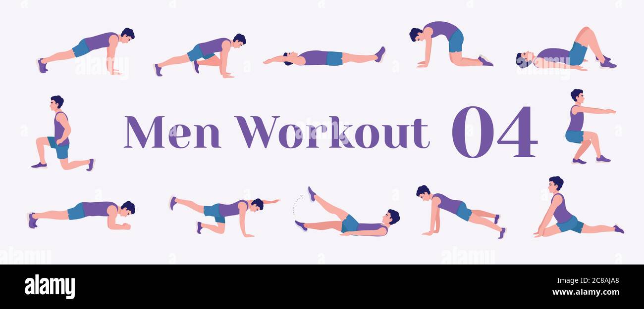 Workout men set. Men doing fitness and yoga exercises. Lunges, Pushups, Squats, Dumbbell rows, Burpees, Side planks, Situps, Glute bridge, Leg Raise, Stock Vector