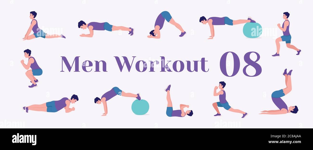 Workout men set. Men doing fitness and yoga exercises. Lunges, Pushups, Squats, Dumbbell rows, Burpees, Side planks, Situps, Glute bridge, Leg Raise, Stock Vector