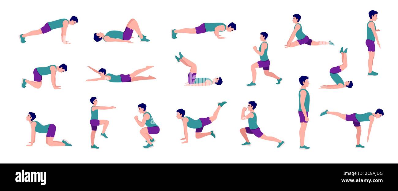 Workout men set. Men doing fitness and yoga exercises. Lunges, Pushups, Squats, Dumbbell rows, Burpees, Side planks, Situps, Glute bridge, Leg Raise, Stock Vector