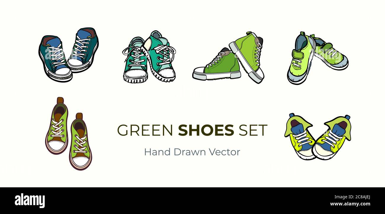 Sneakers shoes pairs isolated. Hand drawn vector illustration set of ...