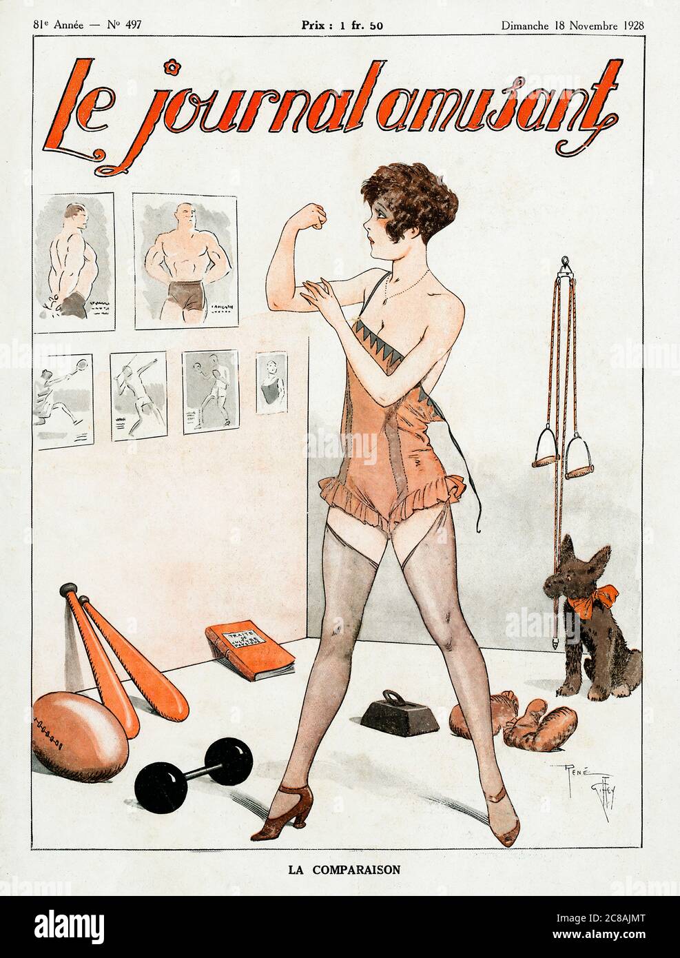 The Comparison, 1928 illustrated French comic magazine cover with a lady in her home gym comparing her bicep muscles to the beefy body builders with their pictures on the wall in La Comparaison Stock Photo