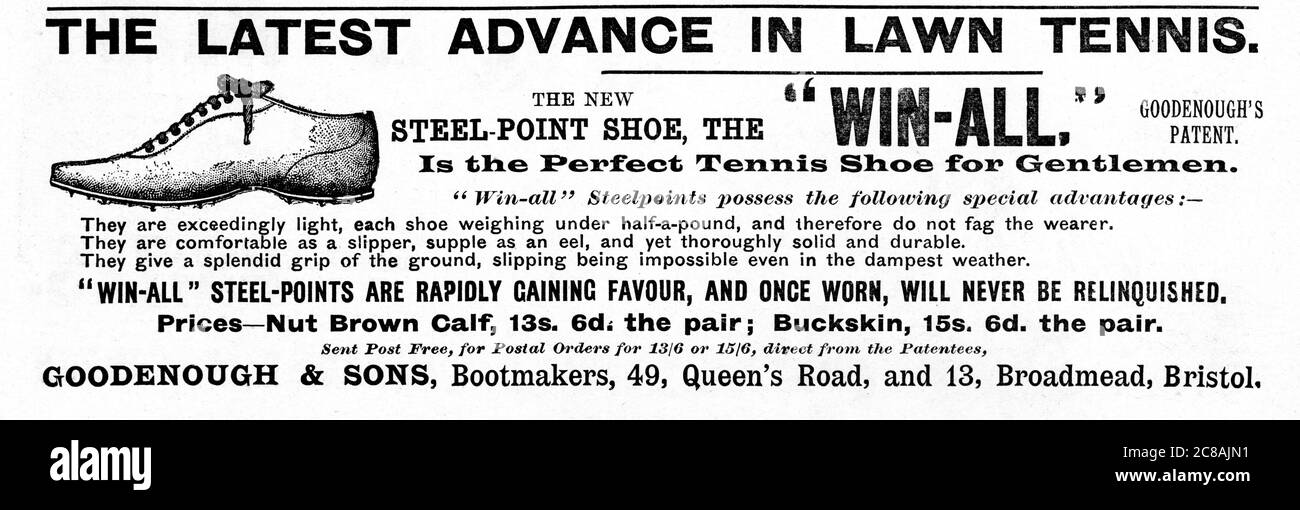 Goodenough Win All Tennis Shoe, 1893 advert for the steelpoint footwear, the perfect tennis shoe for gentlemen which give a splendid grip even in the dampest weather Stock Photo