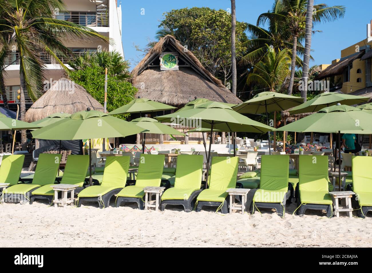 Beach Club by the seaside at the touristic city of Playa del Carmen on the Mayan Riviera Stock Photo