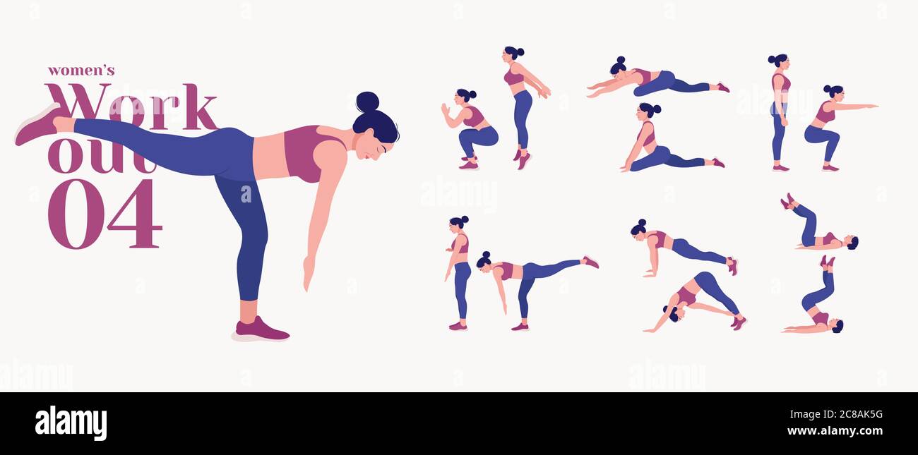 Workout women set. Women fitness and yoga exercises. Lunges, Pushups, Squats, Dumbbell rows, Burpees, Side planks, Situps, Glute bridge, Leg Raise,  R Stock Vector