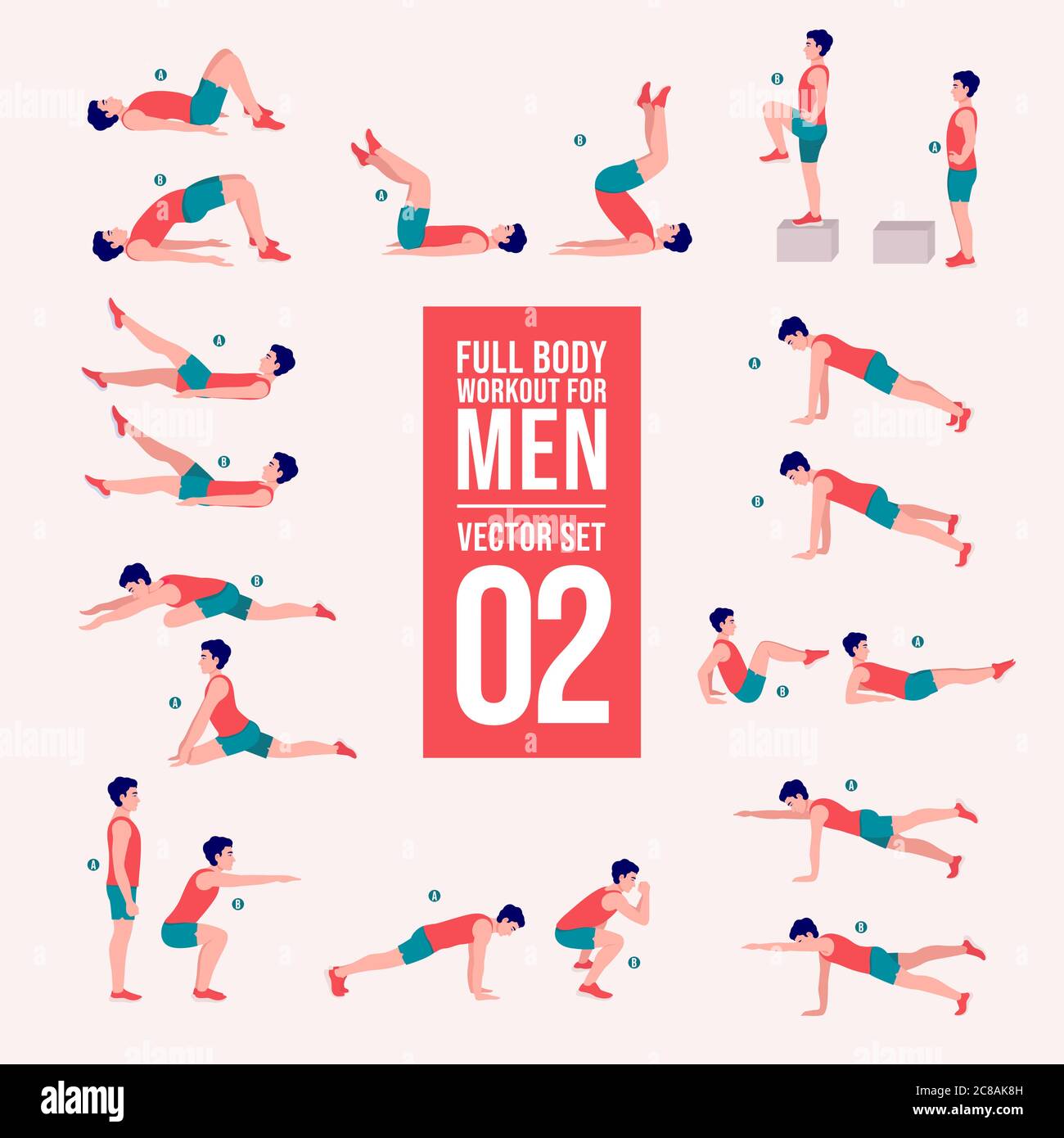 Workout men set. Men doing fitness and yoga exercises. Lunges, Pushups, Squats, Dumbbell rows, Burpees, Side planks, Situps, Glute bridge, Leg Raise, Stock Vector