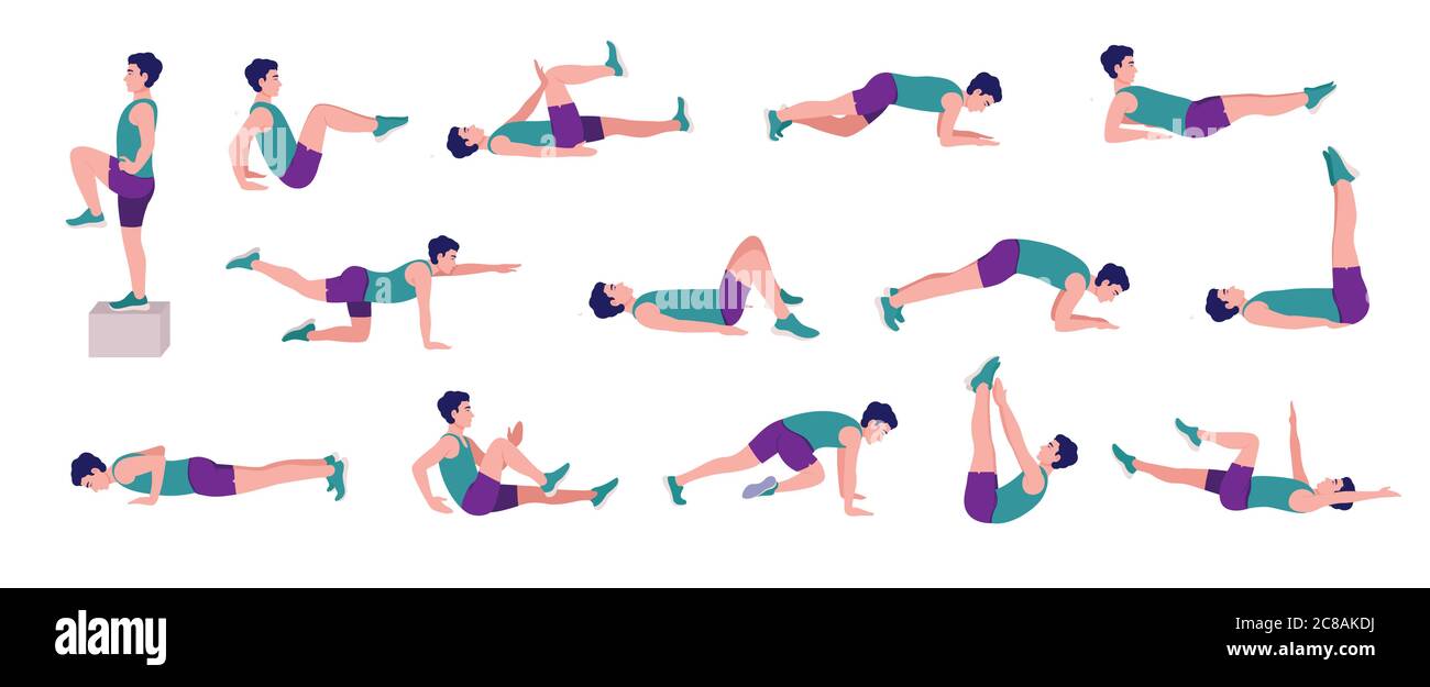 Workout men set. Men doing fitness and yoga exercises. Lunges, Pushups, Squats, Dumbbell rows, Burpees, Side planks, Situps, Glute bridge, Leg Raise, Stock Vector