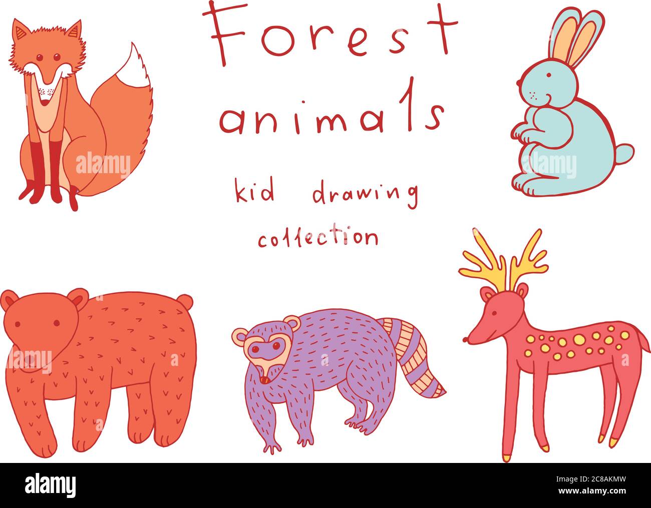 Kids drawing of animals. Doodle collection of funny colored coloring pages for kids. Stock Vector