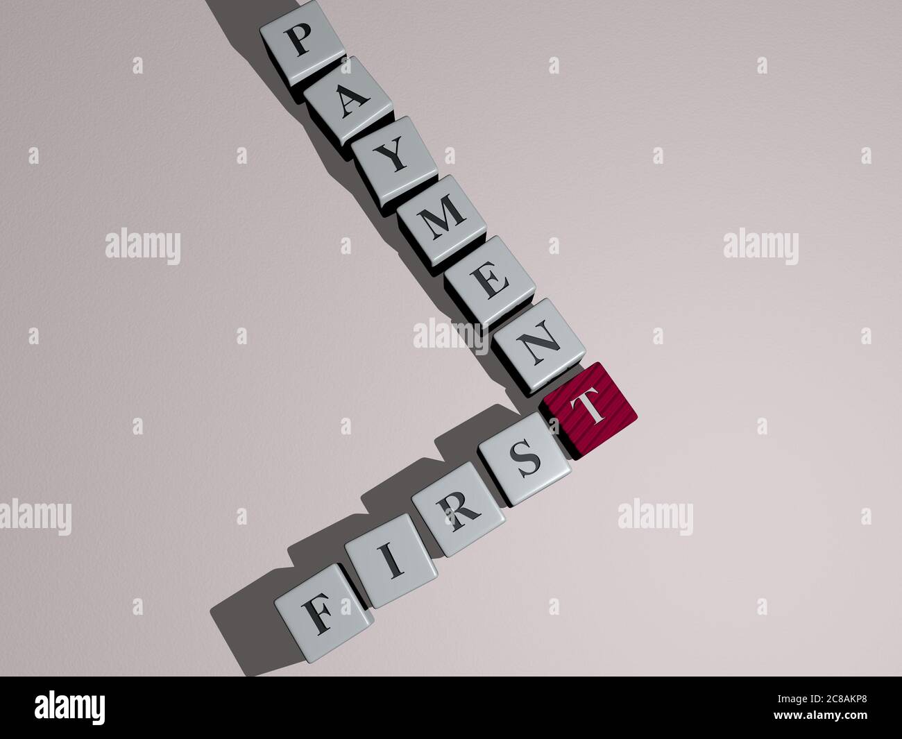 crosswords of first payment arranged by cubic letters on a mirror floor, concept meaning and