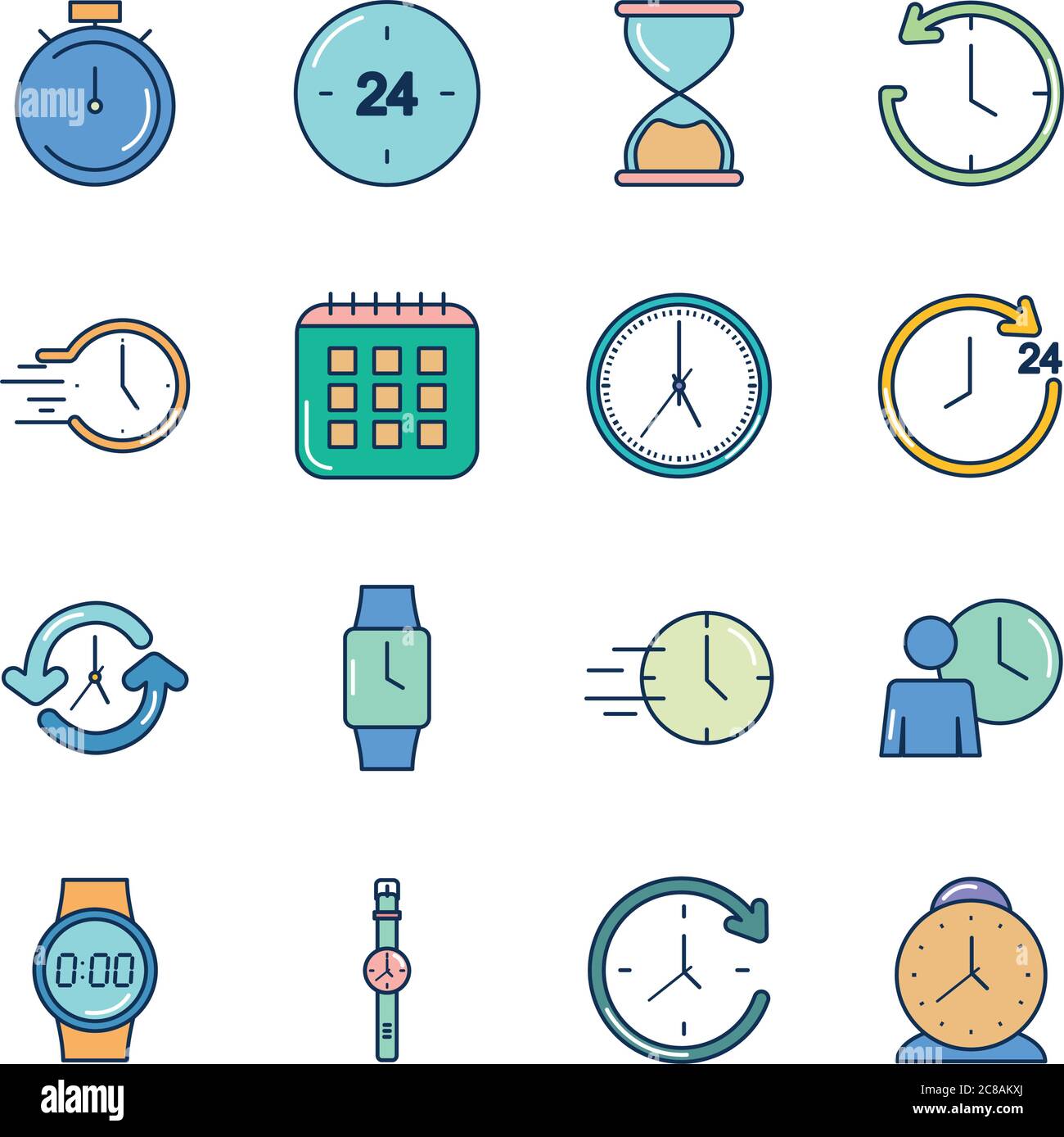 icon set of time and calendar over white background, line fill style ...