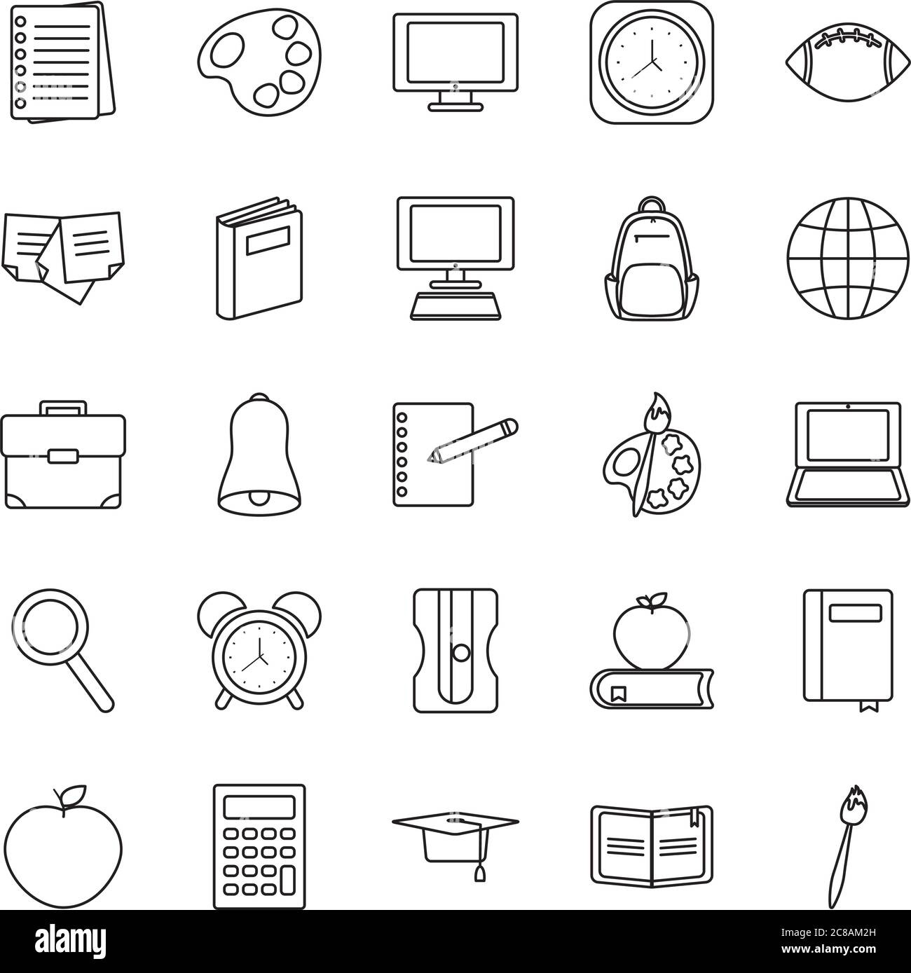 bell and back to school icon set over white background, line style ...