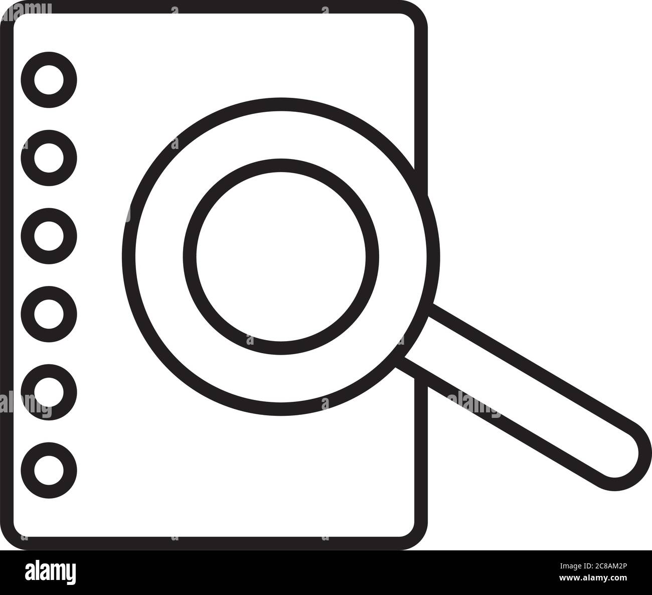 magnifying glass and notebook page icon over white background, line ...