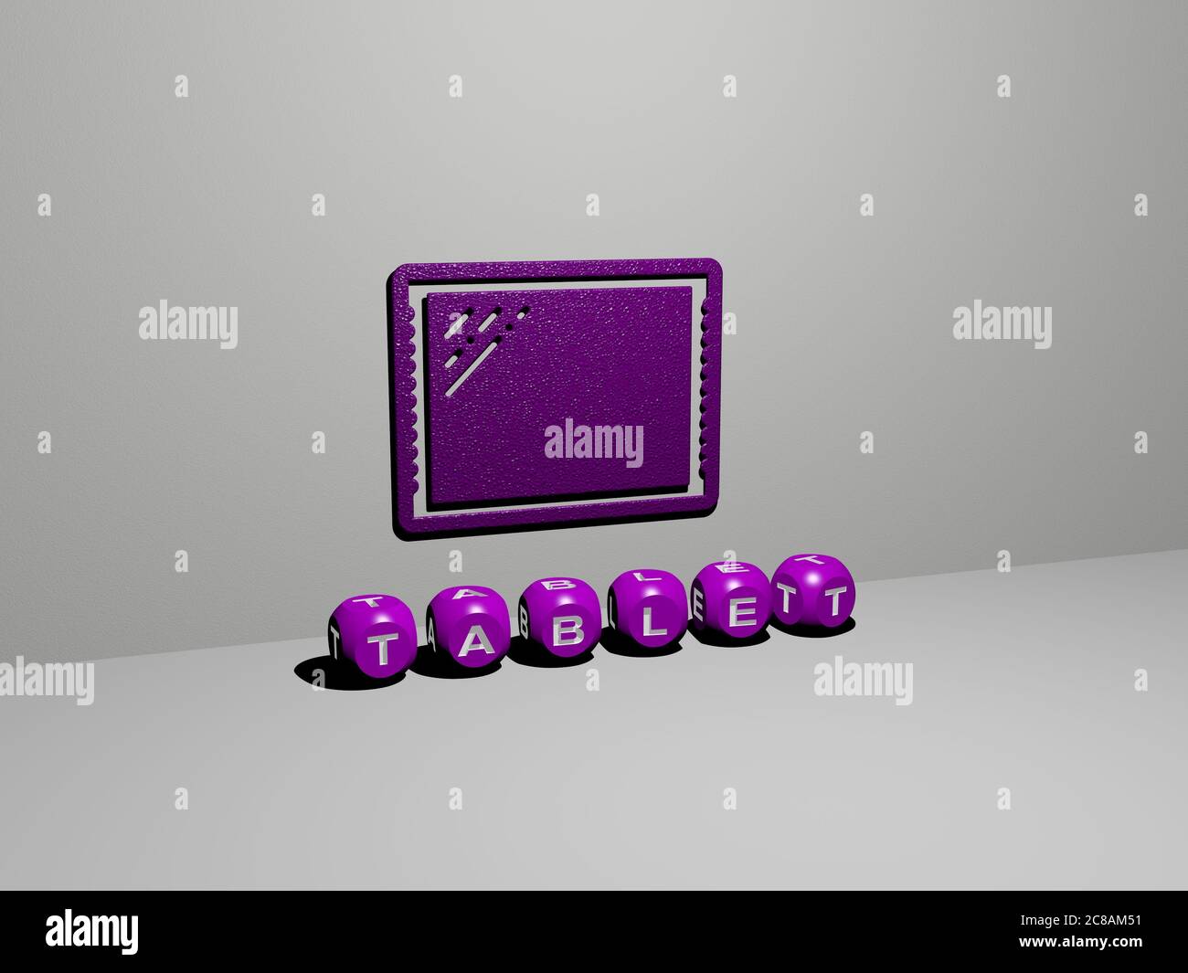 3D representation of tablet with icon on the wall and text arranged by metallic cubic letters on a mirror floor for concept meaning and slideshow presentation. computer and digital Stock Photo