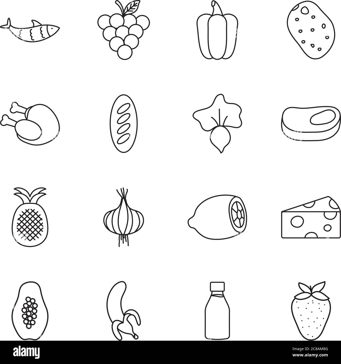 fruits and healthy food icon set over white background, line style, vector illustration Stock Vector