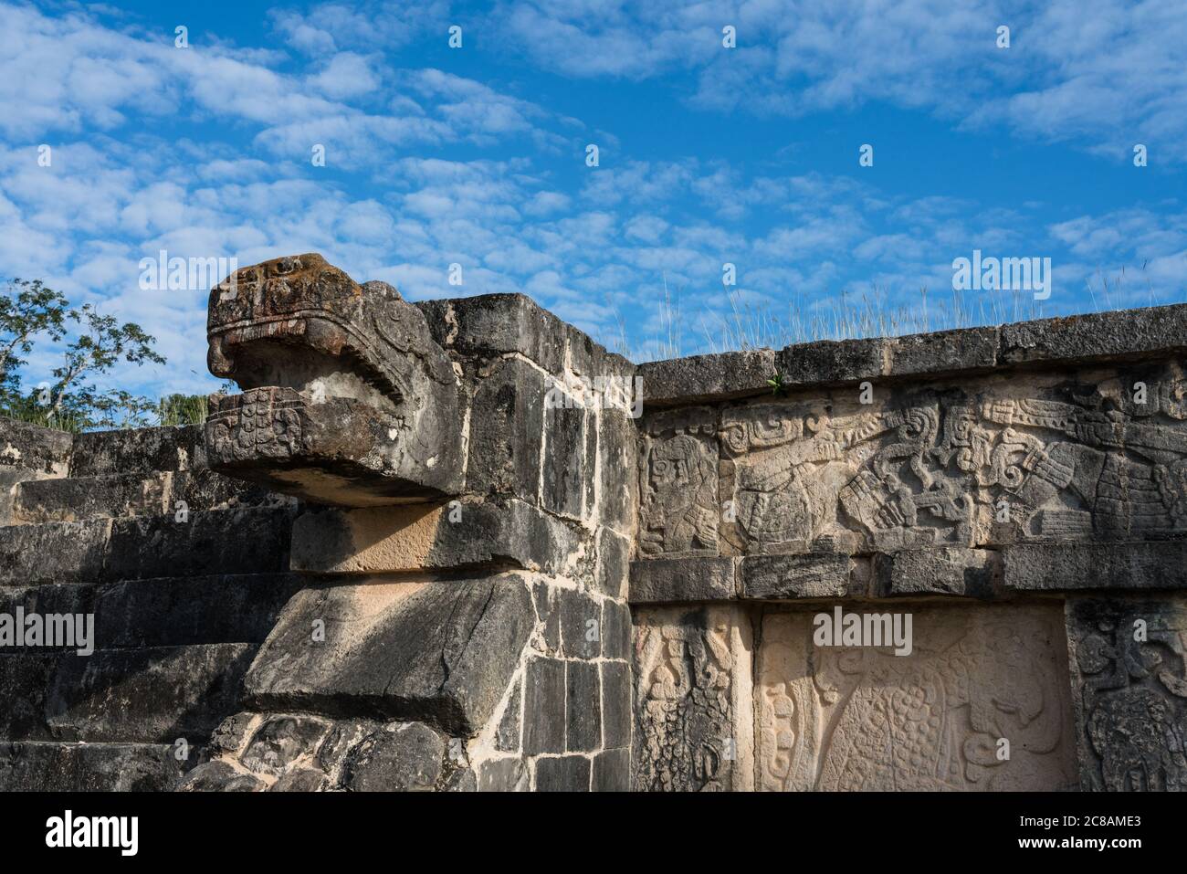 The Platform of the Eagles and Jaguars, built in Maya-Toltec style, in the ruins of the great  Mayan city of Chichen Itza, Yucatan, Mexico.  The Pre-H Stock Photo
