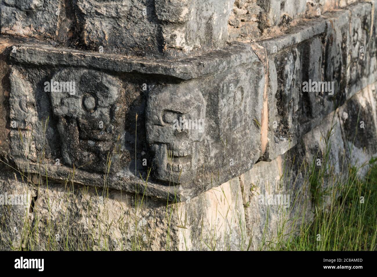 The Platform of the Skulls or the Tzompantli was used to display the skulls of fallen enemies and sacrificial victims in the ruins of the great Mayan Stock Photo