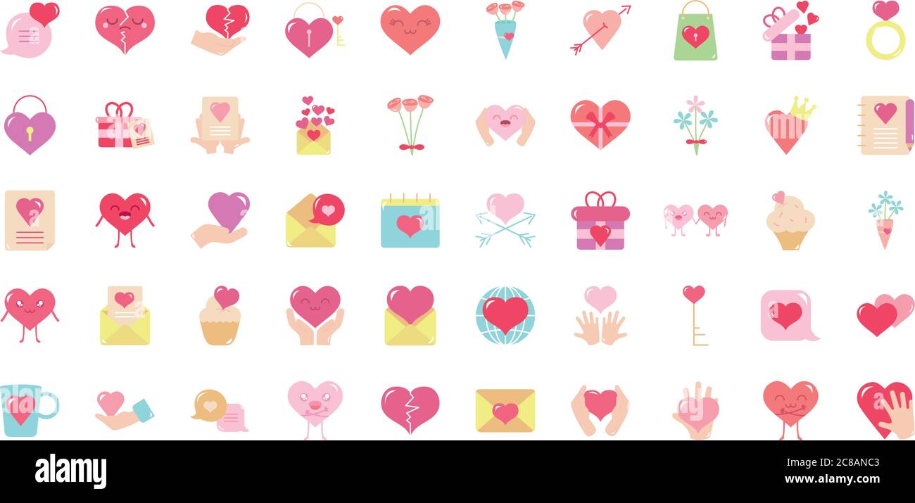 hearts and love icon set over white background, flat style, vector ...