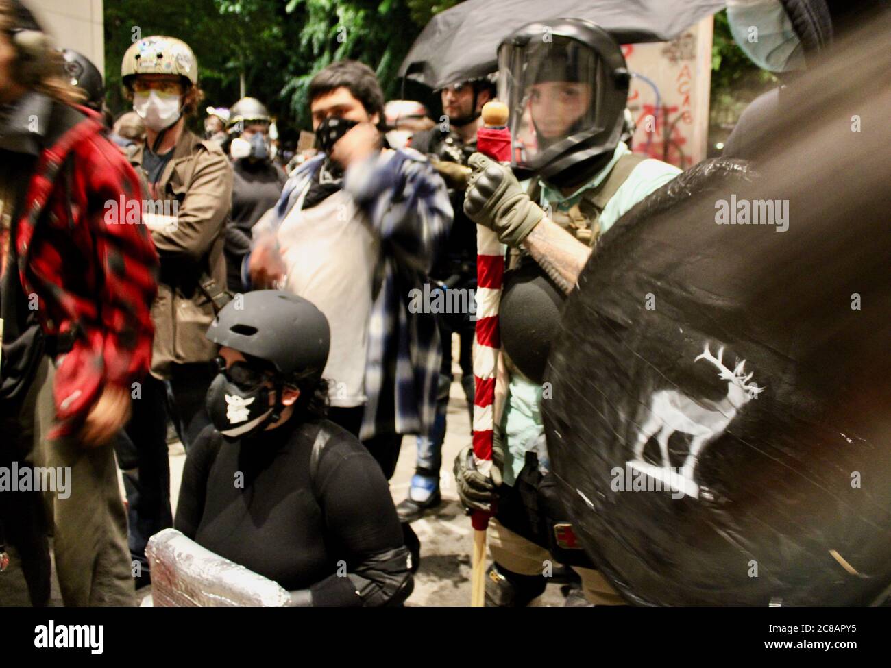 Portland, Oregon, USA. 22nd July, 2020. Fashion and Protective Gear Create a Colorful Cast of Characters at the Portland Protests: Mark O Hatfield Courthouse on July 22, 2020: Credit: Amy Katz/ZUMA Wire/Alamy Live News Stock Photo