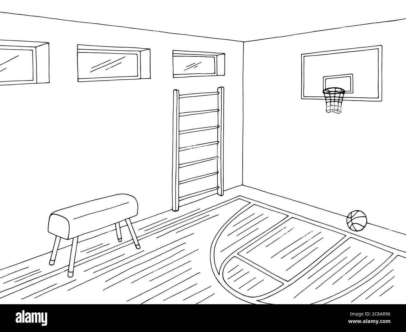 Sport hall school gym interior graphic black white sketch illustration