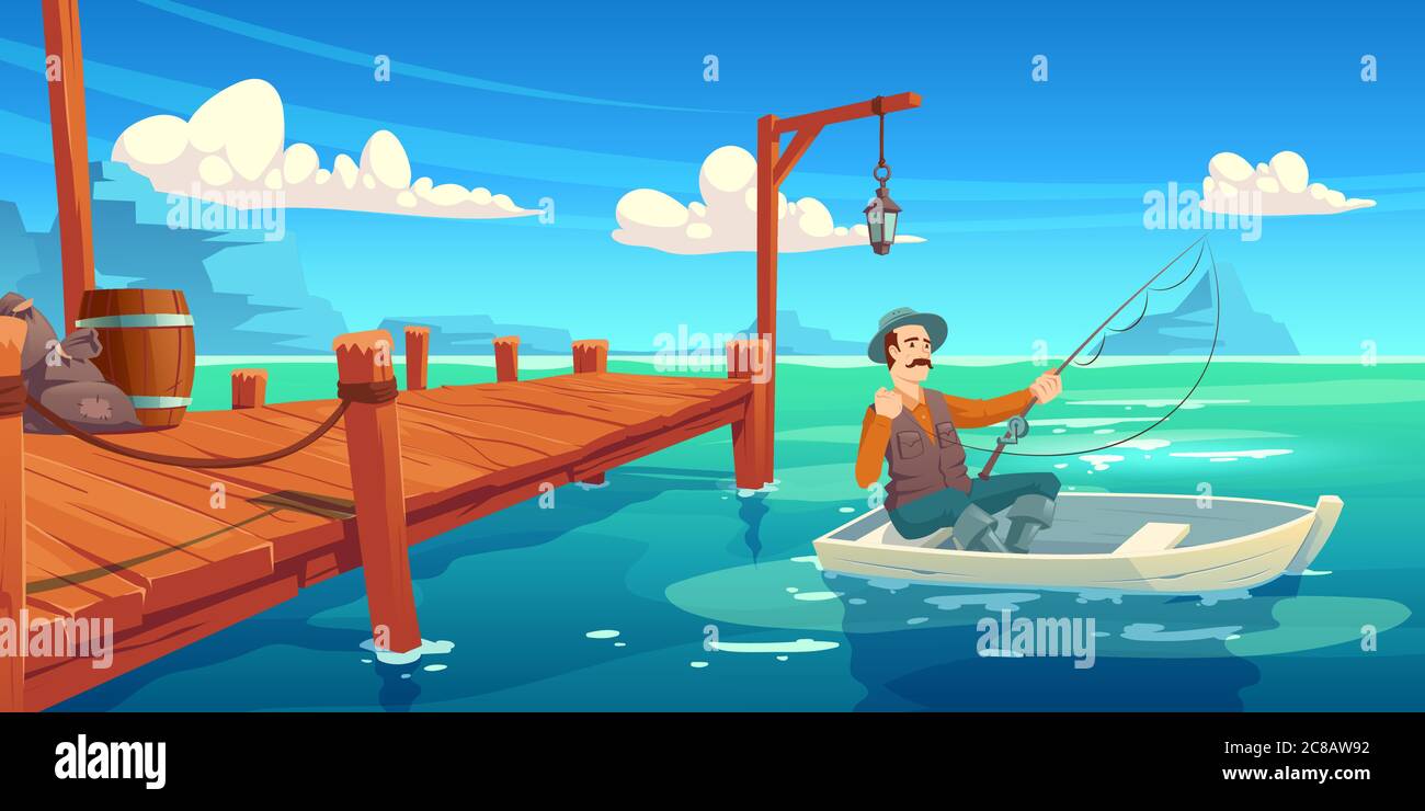 Lake with wooden pier and fisherman in boat. Vector cartoon illustration of  summer landscape with river,