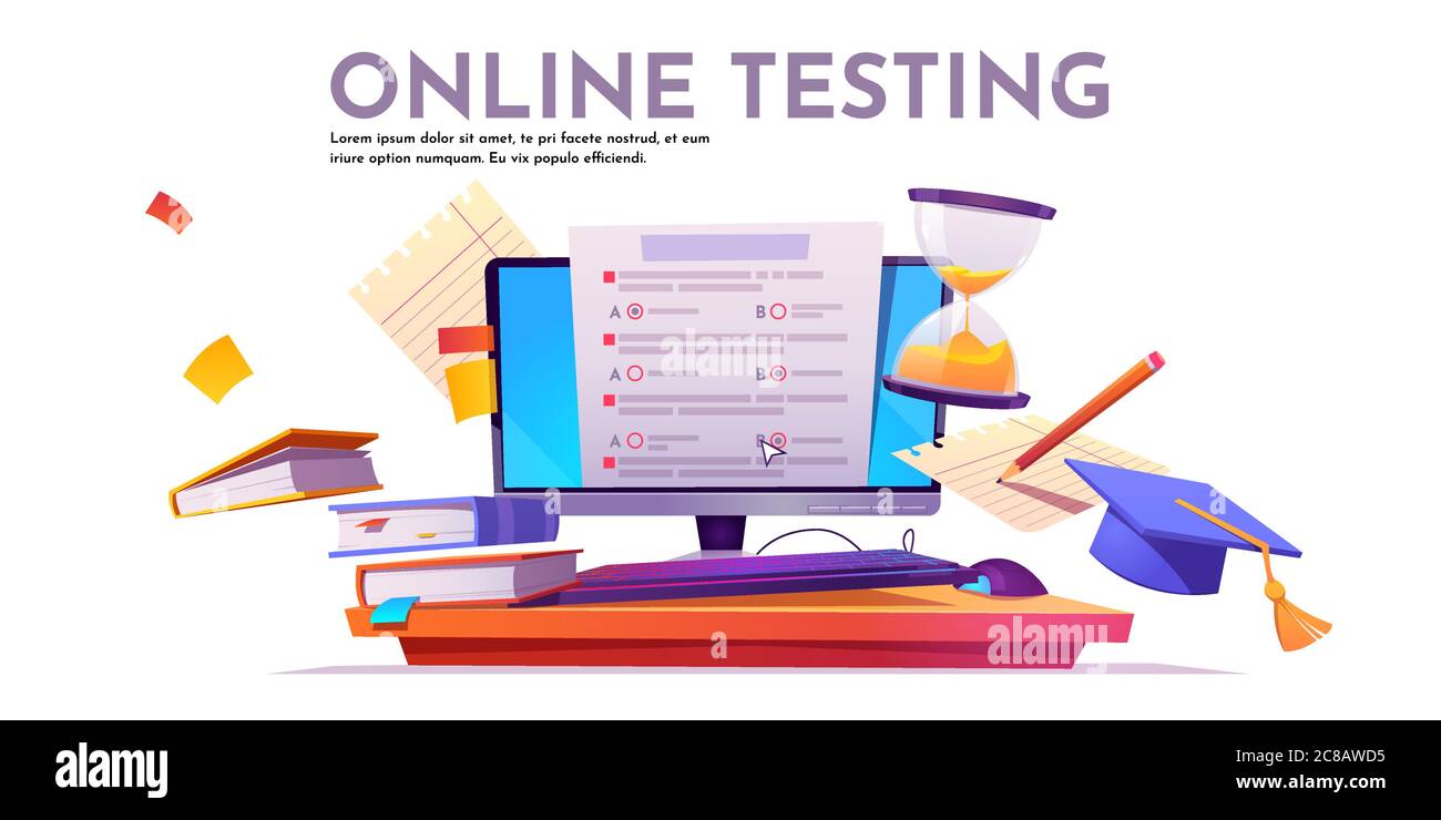 Online testing banner. Concept of elearning, examination on computer