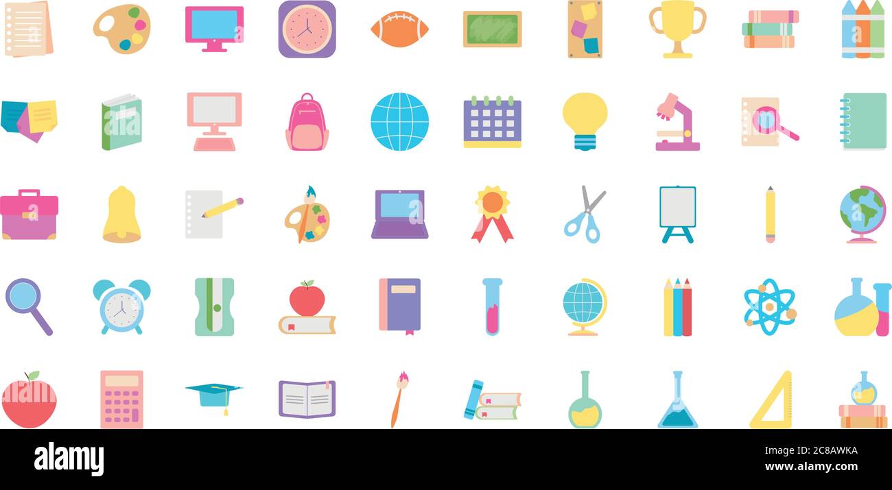 back to school icon set over white background, flat style, vector ...
