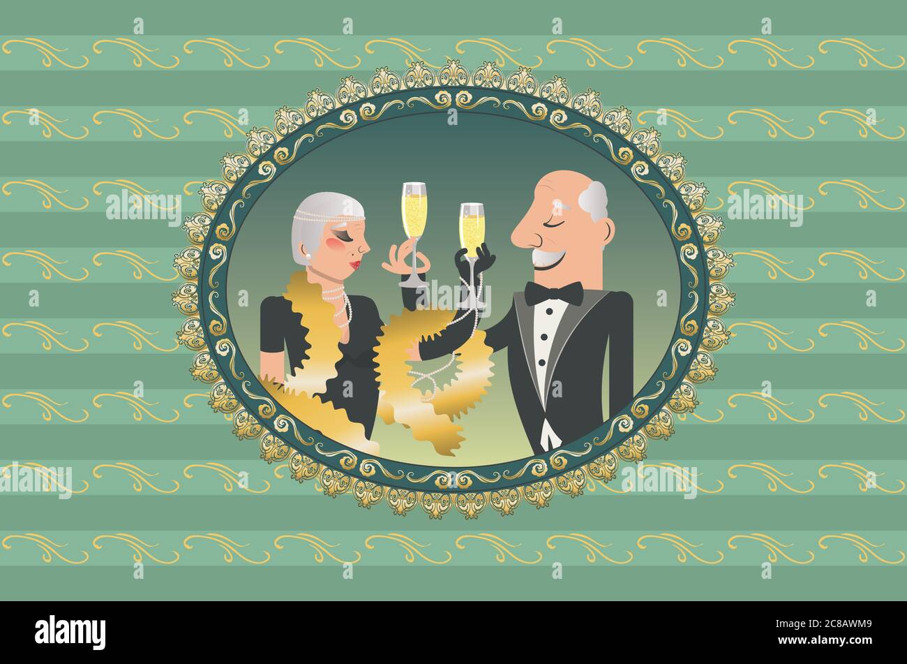 Cartoon couple wears vintage fashion clothes with glass of champagne illustration. Stock Vector