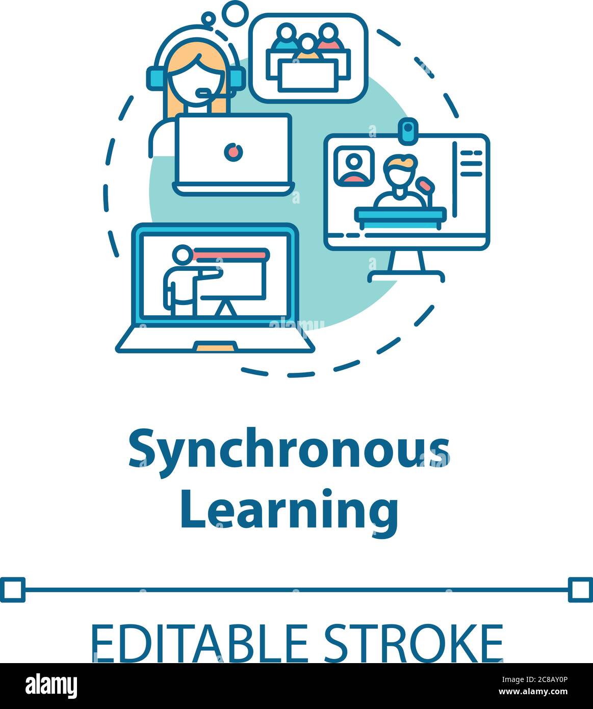 Synchronous learning concept icon. Distance learning. Video conference. Online educational environment idea thin line illustration. Vector isolated ou Stock Vector