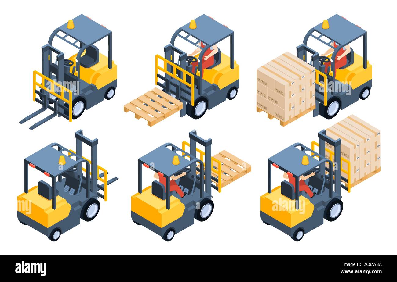 Forklift truck, storage equipment, storage racks, pallets with boxes.  Vehicle for goods transportation and lifting. Back and front view, worker  drivin Stock Vector Image & Art - Alamy