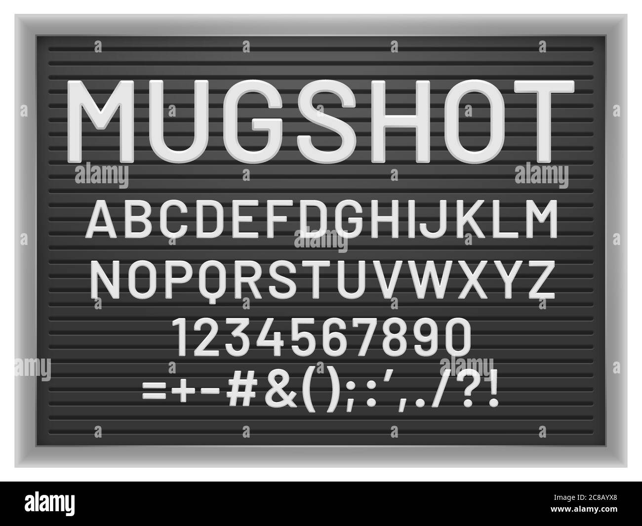 Mugshot letter board. Black frame with white plastic changeable letters and numbers for messages, vector mockup for banner or menu signs. Alphabet, nu Stock Vector