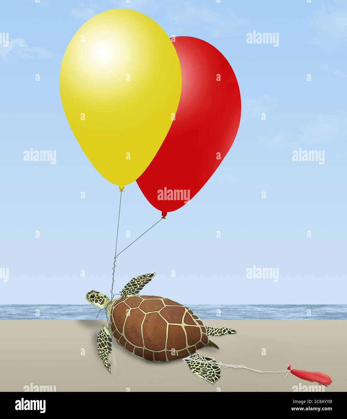 A green sea turtle on a beach by the ocean is seen tangled in helium party balloons probably released miles from the ocean. This is a 3-D illustration Stock Photo