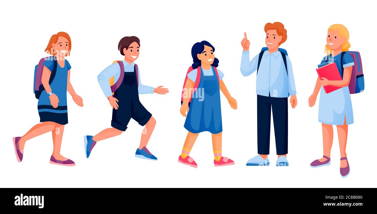 Running and standing school children with books and backpacks. Vector flat cartoon illustration of preschoolers boys, girls. Back to school education Stock Vector