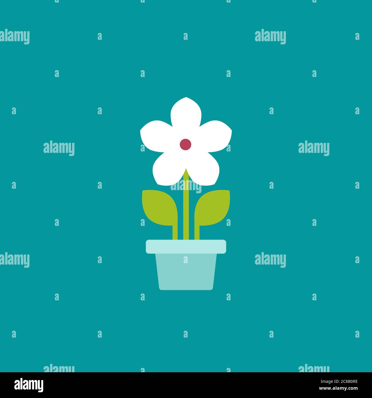 Flat icon of daisy flower in pot with stem and green leaves. Bloom with ...