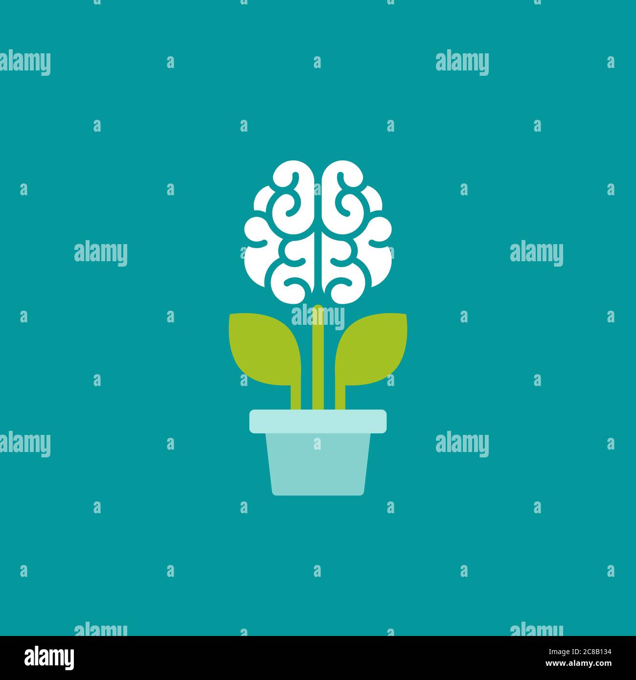 Flower brain with green leaves in blue pot. Intellect, phsychology ...