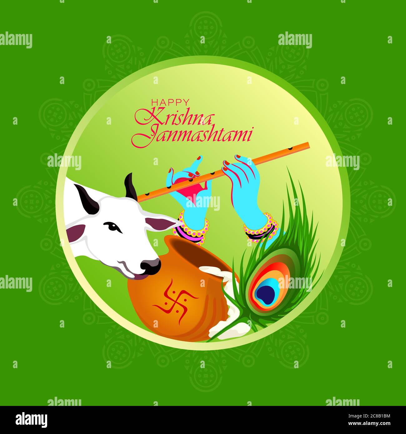 Shri Krishna Janmashtami means Birthday of Lord Krishna. Musical instrument bansuri and peacock feather. Holy cow. Vector Illustration. Stock Vector