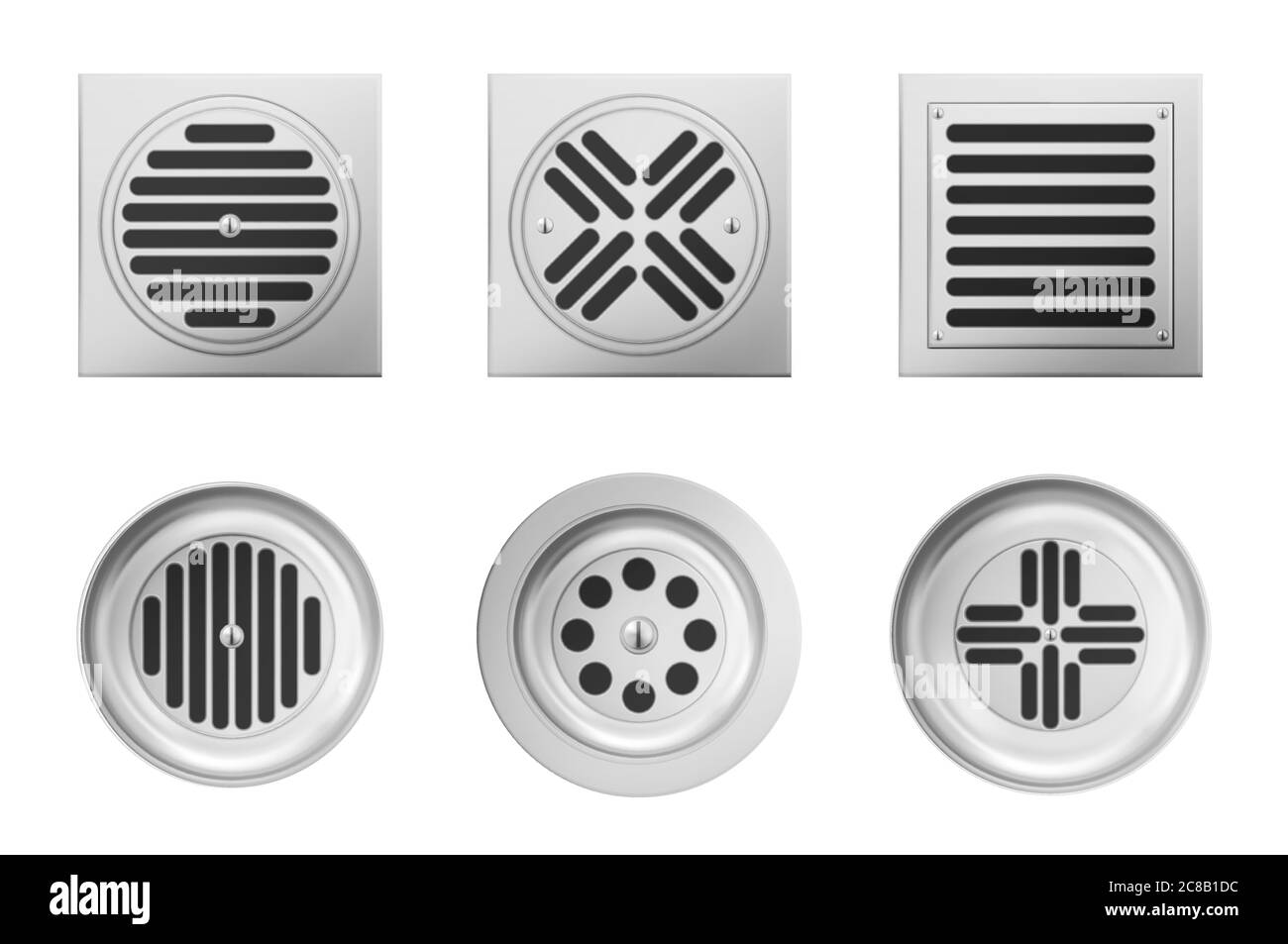 Metal drainage grates for shower or sink isolated on white background. Vector realistic set of square and round drain manhole with steel grid on sewer in bathroom or shower floor Stock Vector
