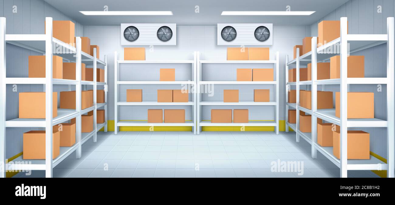Warehouse interior with boxes on racks, ventilation and illumination