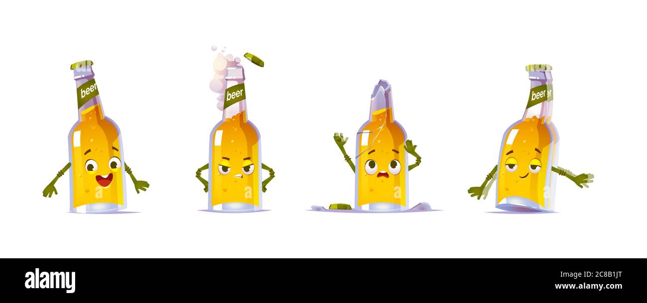 Cute beer bottle character in different poses. Vector set of cartoon funny chat bot, beer personage happy, angry, drunk, broken. Sad mascot lager pint with broken bottleneck Stock Vector