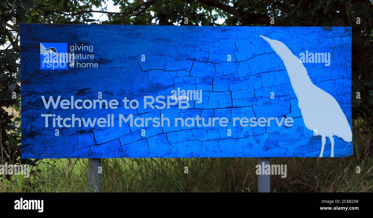 Titchwell Marsh, RSPB, welcome sign, nature reserve, reserves, Norfolk, England, UK Stock Photo