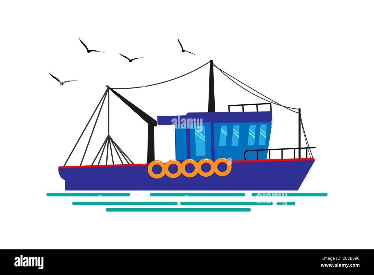Fishing boat, seagulls vector illustration. Cartoon style. Stock Vector