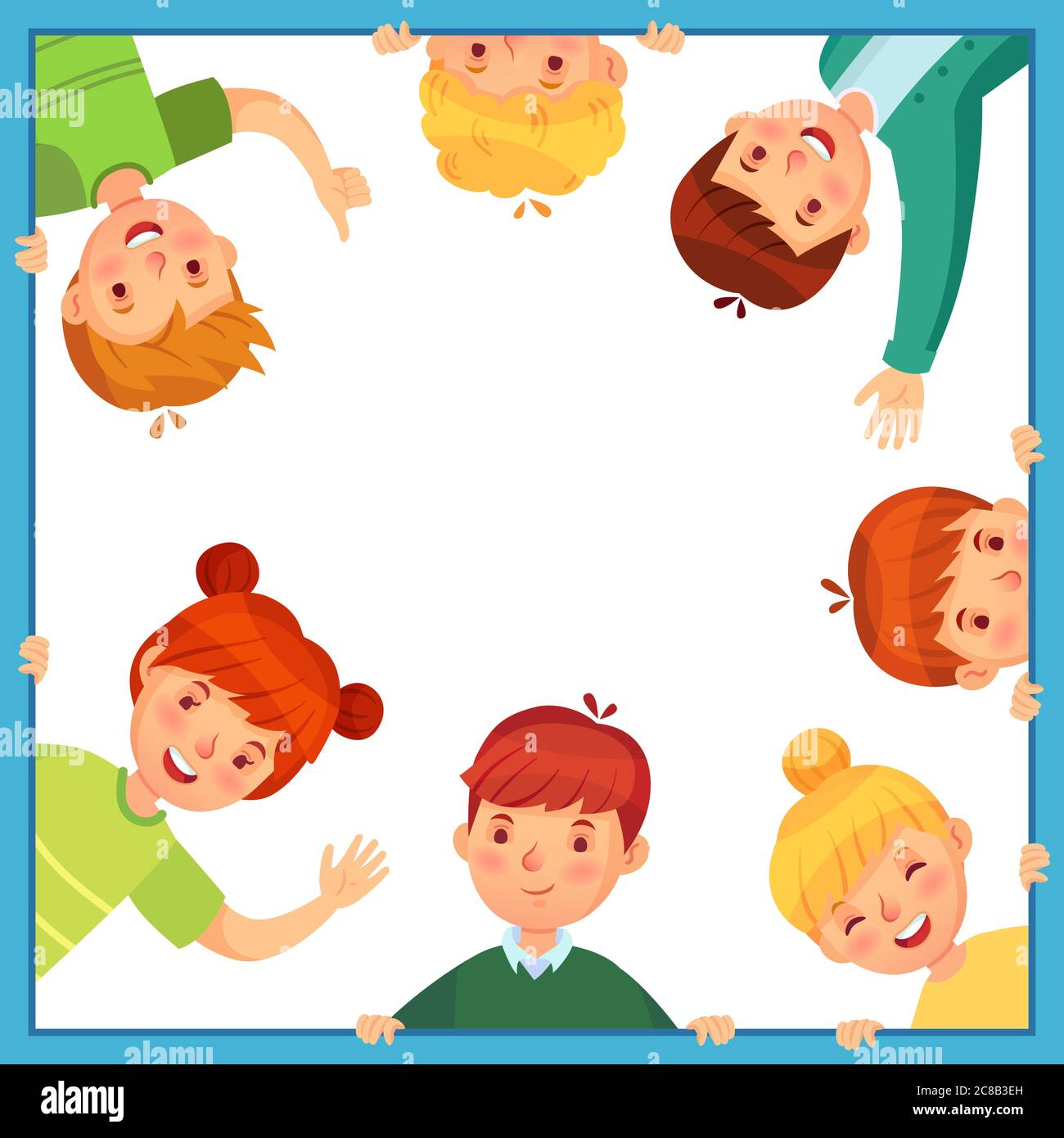 Kids looking out from square frame. Children peeking out waving, showing thumb up and hiding. Boys and girls friendship. Little pupils in window frame Stock Vector
