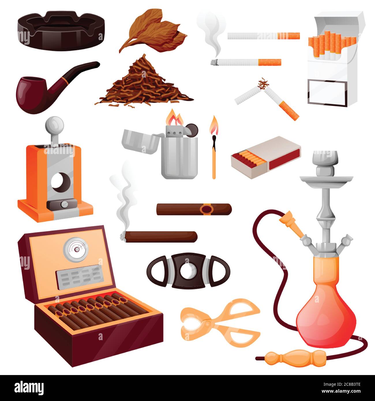 Cigarette, cuban cigars and accessories. Vector cartoon illustration. Tobacco, hookah and nicotine smoking icons set, isolated on white background Stock Vector